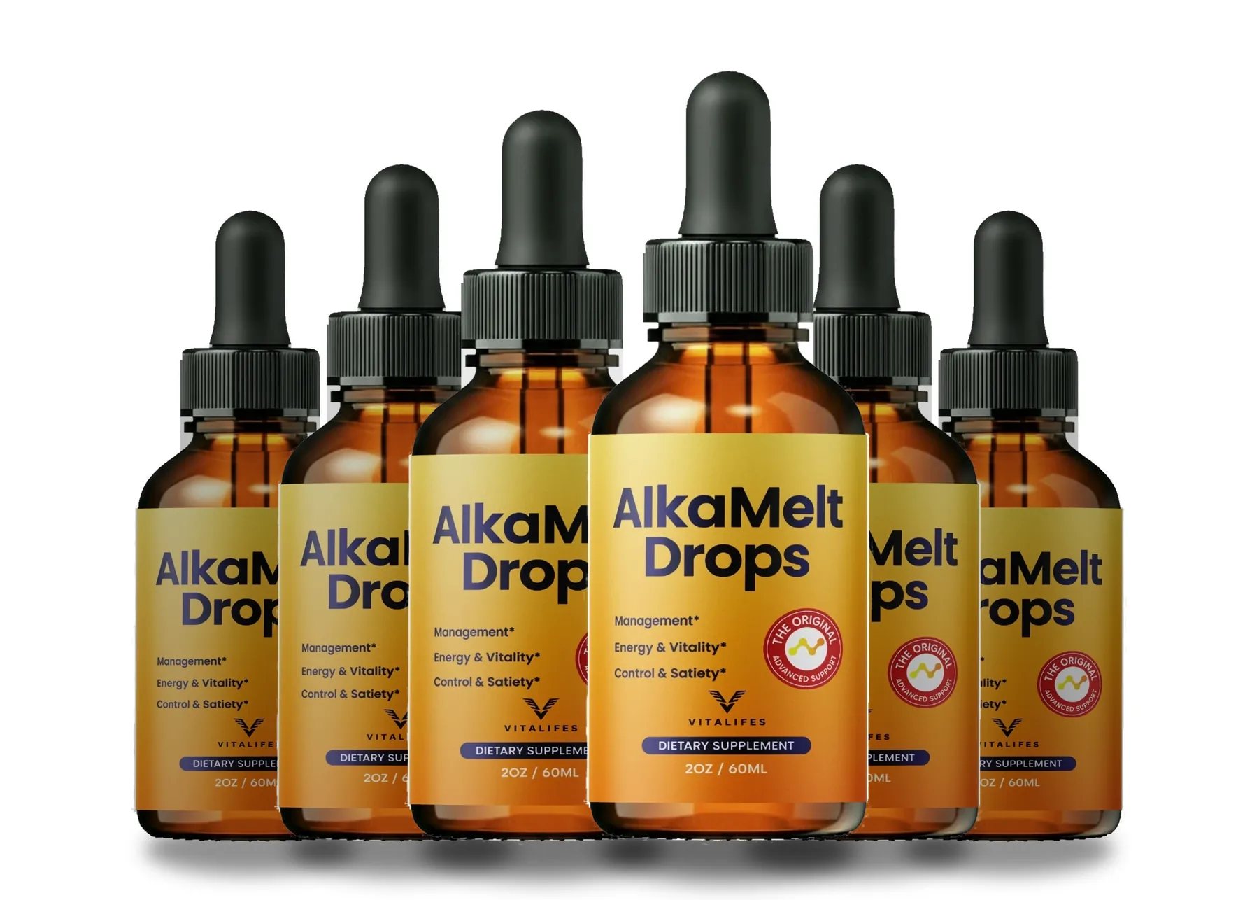 The Alka Melt Drops 6 bottles pack, amber dropper bottles