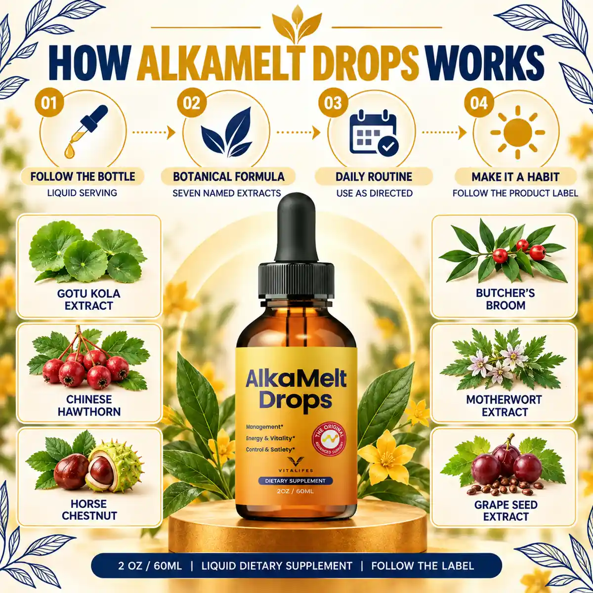 The seller's how-it-works graphic for Alka Melt Drops, showing four steps and seven botanical illustrations