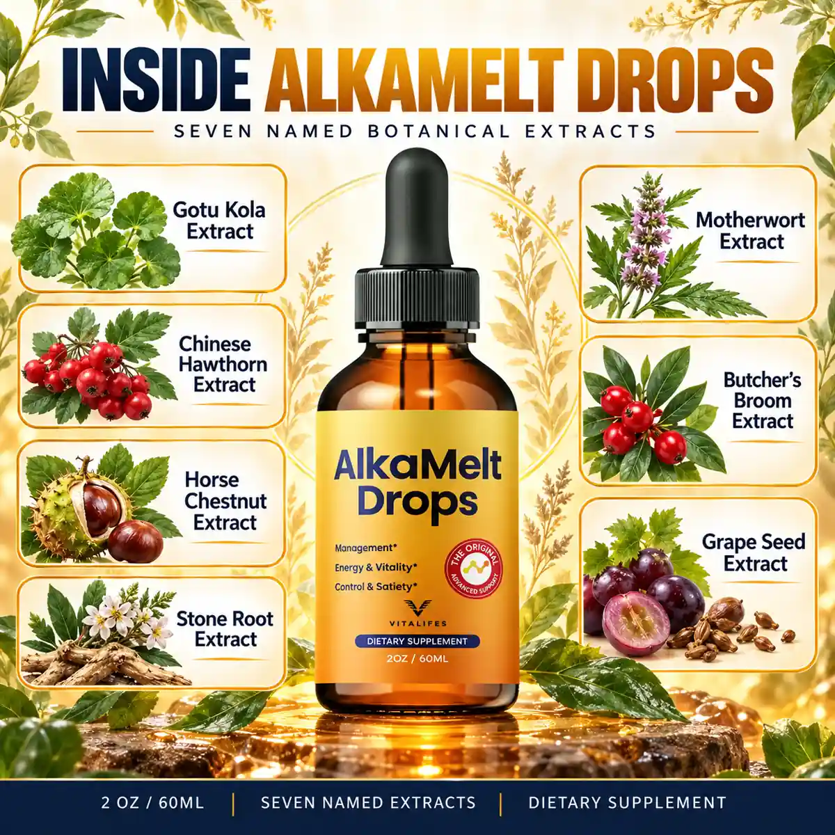 The seller's Inside AlkaMelt Drops graphic naming seven botanical extracts around the bottle