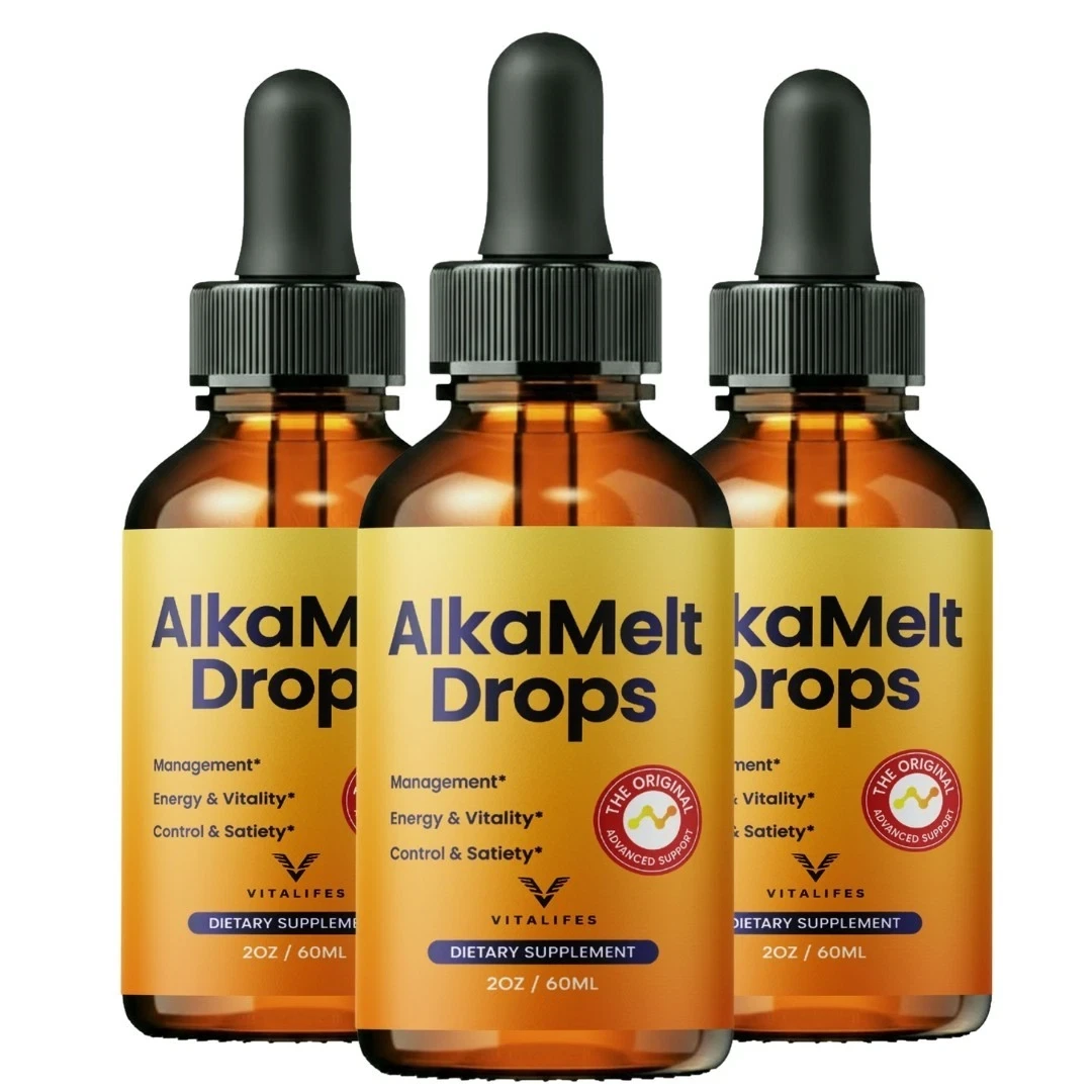 Three Alka Melt Drops bottles, amber glass with the gold front label
